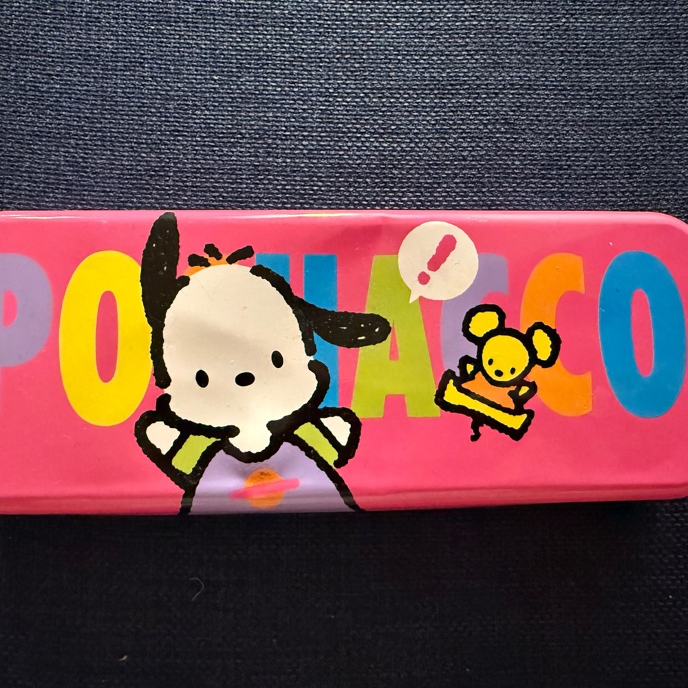 Sanrio Pochacco Pink Tin Pencil Box with Colorful Lettering